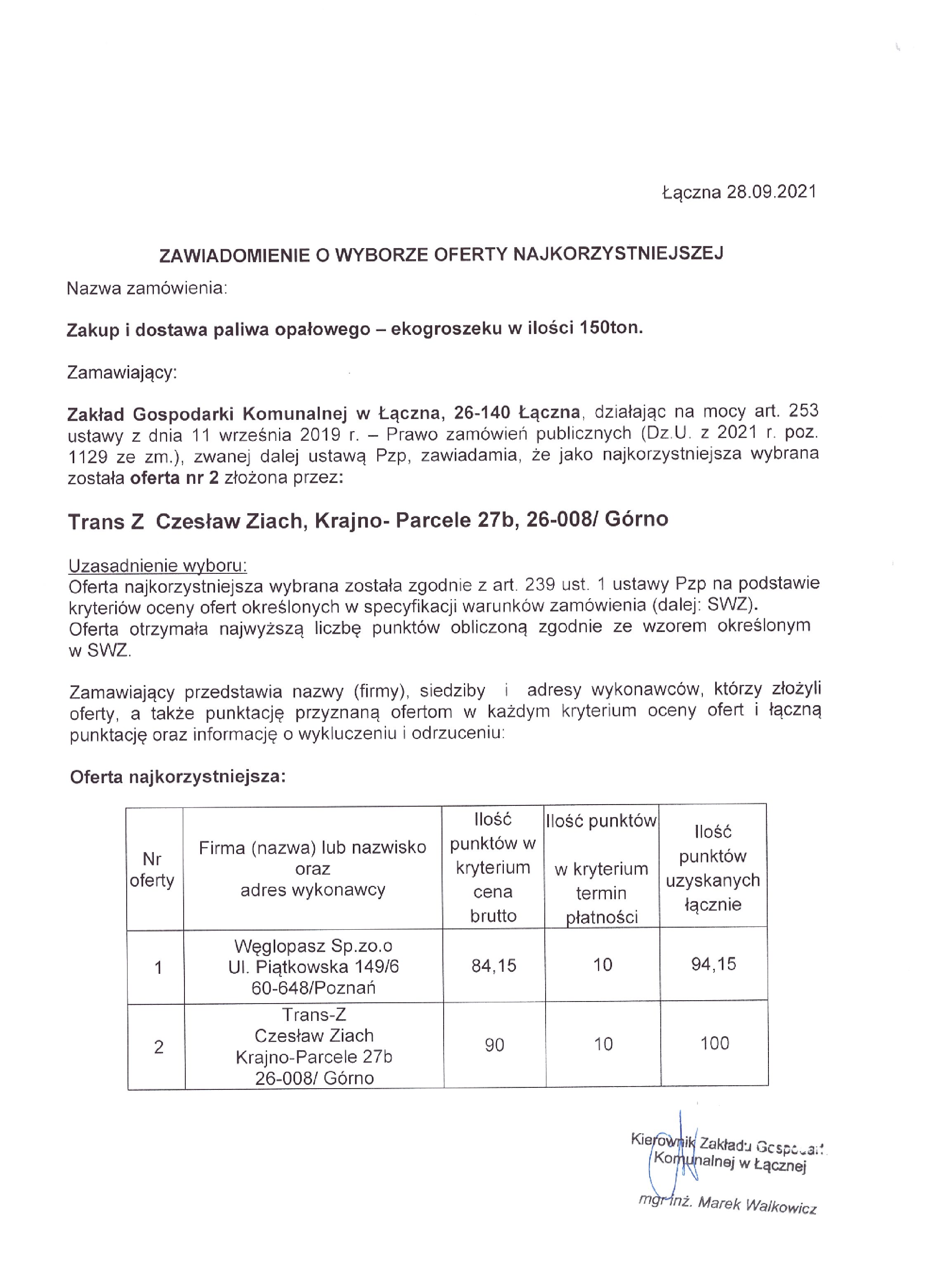 Dostawa Paliwa Opałowego – Ekogroszku w ilości 150 ton dla Zakładu Gospodarki Komunalnej w Łącznej